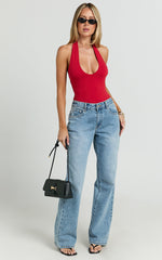 Suzanna Bodysuit - V Neck Halter Bodysuit in Red