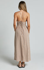 Toni Midi Dress - Strappy Gingham Dress in Caramel and White Gingham