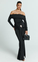 Trish Maxi Dress - Off Shoulder Hardware Trim Bodycon Dress in Black