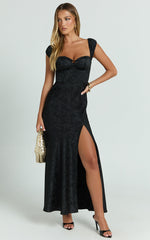 Vance Midi Dress - Ruched Cap Sleeve Bustier Bias Cut Dress in Black