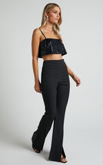 Volta Pants - Front High Waisted Split Boot Leg Kick Out Pants in Black