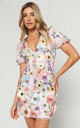 Wren Mini Dress - Puff Sleeve Bodycon 3d Garden Flowers Dress in Pink
