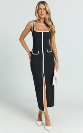 Xyra Midi Dress - Square Neck Contrast Bind Fitted Dress in Black