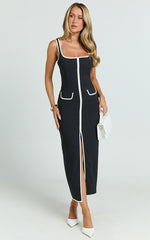 Xyra Midi Dress - Square Neck Contrast Bind Fitted Dress in Black