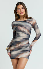 Zita Mini Dress - High Neck Long Sleeve Bodycon Mesh Dress in Neutral Stripe