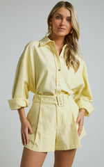 Seraphine Shorts - Linen High Waisted Belted Shorts in Lemon
