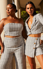 Icie Pants - High Waisted Tweed Wide Leg Pants in White & Black
