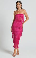 Amalee Two Piece Set - Fringe Strapless Crop Top and Midi Skirt Set in Pink