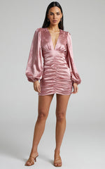 Richmond Mini Dress - Long Sleeve Ruched Dress in Dusty Pink