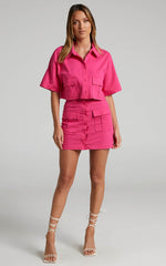 Navine Two Piece Set - Button Front Crop Top and Cargo Pocket Mini Skirt Set in Hot Pink