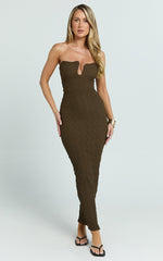 Alberta Midi Dress- Strapless bust detail textured dress in Chocolate