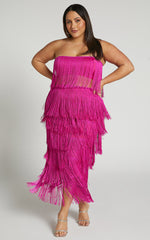 Amalee Two Piece Set - Fringe Strapless Crop Top and Midi Skirt Set in Pink