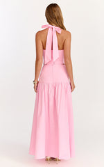 Anya Two Piece Top and Skirt Set - Gathered Halted Neck Top And High Waist  Maxi Skirt in Pink