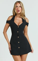 Baylee Mini Dress - Off Shoulder Button Front Tulip Skirt Dress in Black