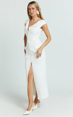 Calista Midi Dress - Boat Neck Button Down Pencil Dress in White