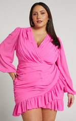 Can I Be Your Honey Mini Dress - Plunge Balloon Sleeve Dress in Hot Pink
