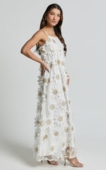 Candice Maxi Dress - Straight Neck Floral Embroidery Detail Shift Dress in White