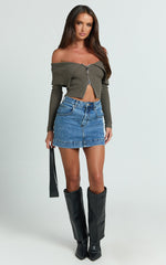 Carlson Top - Off Shoulder Knit Front Zip Top in Dark Khaki