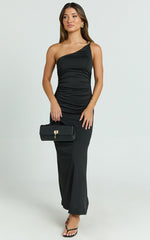 Debbie Midi Dress - One Shoulder Hardware Detail Dress in Black