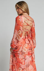 Deborah Midi Dress - Ballon Sleeve V Neck Side Cut Out Dress in Orange Floral