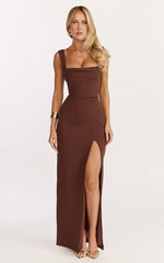 Donna Maxi Dress - Cowl Neck Column High Split Dress in Chocolate