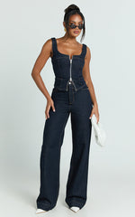 Emman Jeans - High Waisted Cotton Wide Leg Denim Jeans in Raw Denim with Tobacco Stitch