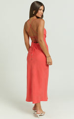Evangeline Midi Dress - Square Neck Cross Back Bias Dress in Coral