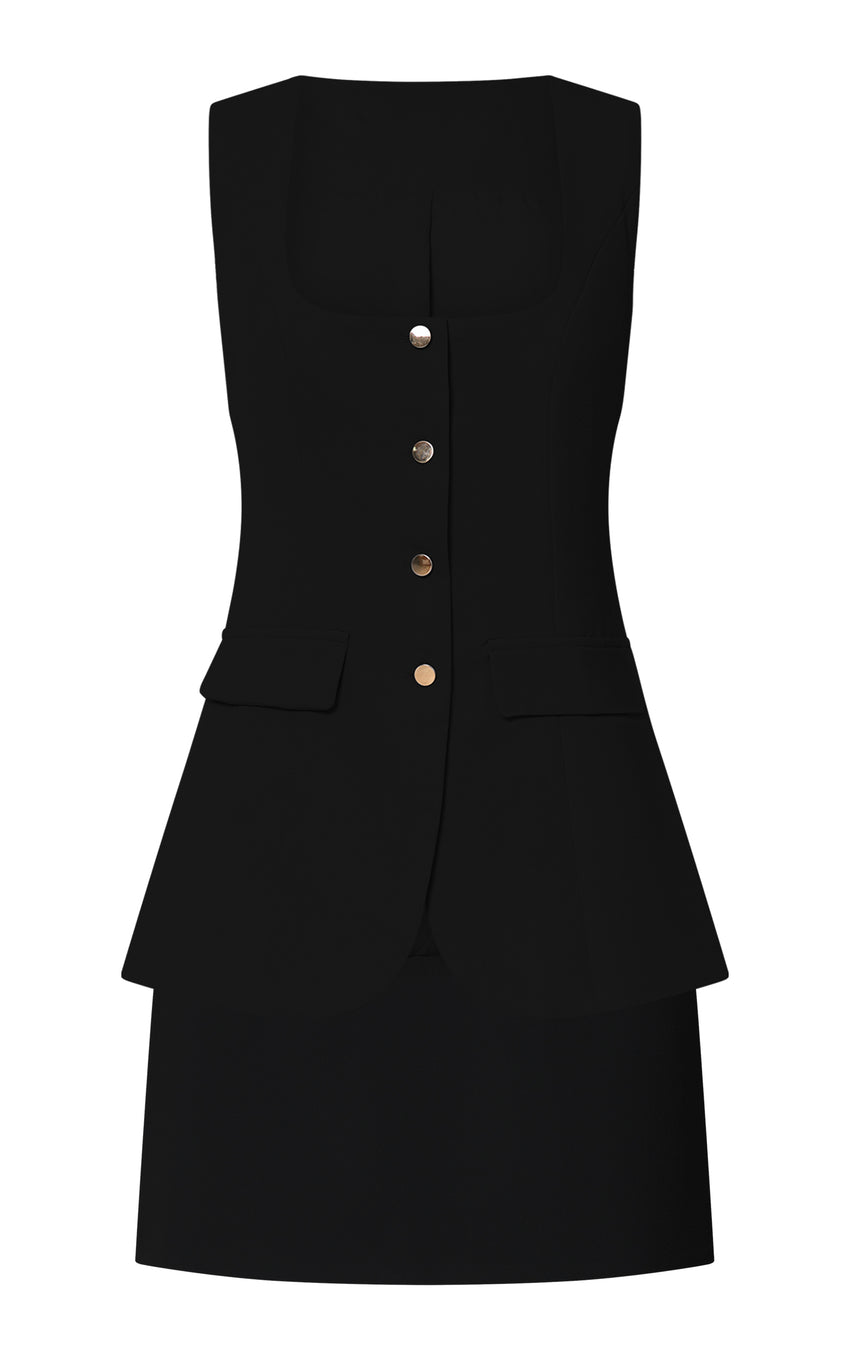 Phyllis Two Piece Set - Tailored Scoop Neck Vest Top and A Line Mini Skirt Set with Gold Buttons in Black