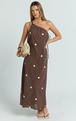 Gia Midi Dress - One Shoulder Dress in Chocolate Polka Dot