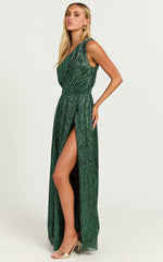 Isra Maxi Dress - Lurex Slit Cut Out One Shoulder Dress in Emerald