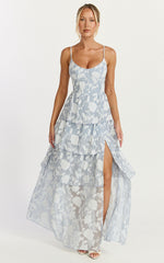 Janezkie Maxi Dress - Femme Tiered Jacquard Formal Dress in Light Blue