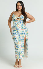 Janice Midi Dress - Knot Detail Front Split Dress in Positano Print