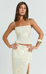 Jelena Top - Scoop Neck Embroidered Floral Top in Lemon