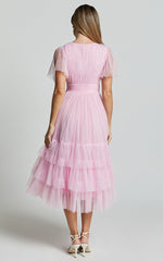 Jiraye Midi Dress - Flutter Sleeve Tuelle Plunge Dress in Ballet Pink