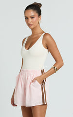 June Short - Linen Look Side Stripe Short in Pink Choc