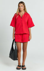 Kahlani Two Piece Set - Collared Short Sleeve and High Waisted Shorts in Red