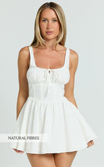 Keegan Mini Dress - Ruched Bust Front Tie Gathered Skirt Dress in White