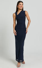 Lara Midi Dress - Asymmetrical Ruched Mesh Dress in Ink