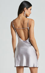 Louise Mini Dress - Cowl Neck Backless Satin Slip Dress in Silver