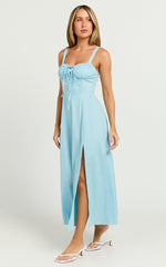 Maiya Midi Dress - Tie Front Fitted Bodice Dress in Blue