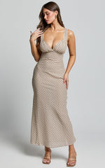 Mauriel Midi Dress - Deep V Gathered Bust Slip Dress in Natural Geo
