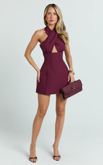 Narcisa Mini Dress - Twist Neck Keyhole A Line Dress in Wine