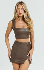 Raiza Two Piece Top and Skirt Set - Square Neck Crop Top And Fitted Split Leg Mini Skirt in Brown