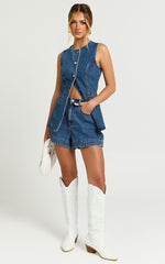 Rhianna Top - Button Down Longline Recycled Denim Vest Top in Dark Blue Wash