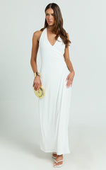 Roseville Midi - Wrap Front Halter Dress with Hardware Detail in White