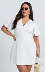 Sahar Mini Dress - Flutter Sleeve Button Through Dress in White