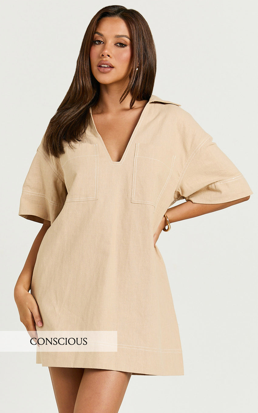 Sanvi Mini Dress - Linen Collared Pocket Shift Dress in Beige