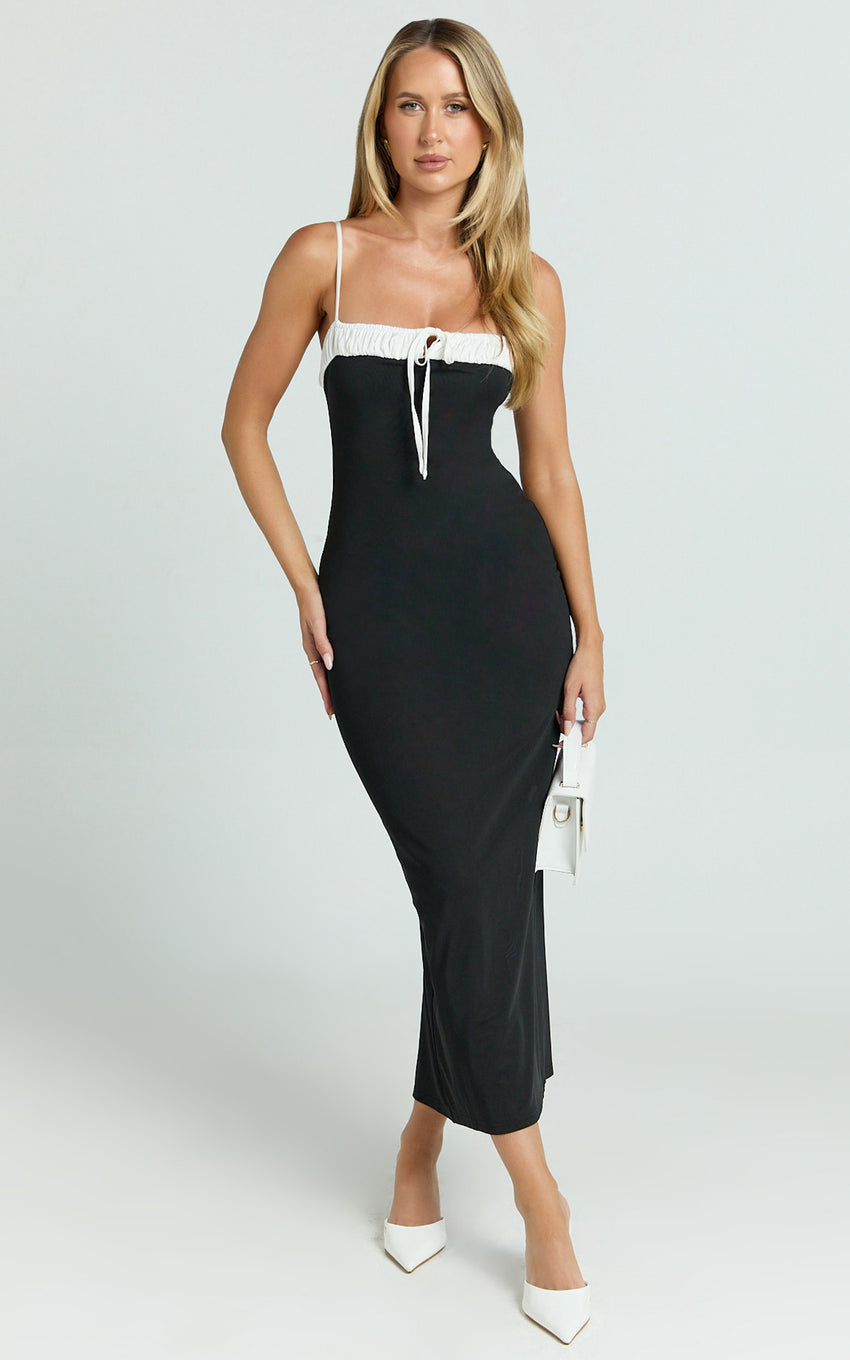 Sheffield Midi Dress - Contrast Tie Front Bodycon Dress in Black