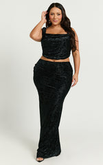 Suzette Two Piece Top and Skirt Set - Velvet Corset Maxi Skirt Set in Black