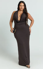 Sylvana Maxi Dress - Cowl Halter Neck Bodycon Dress in Chocolate